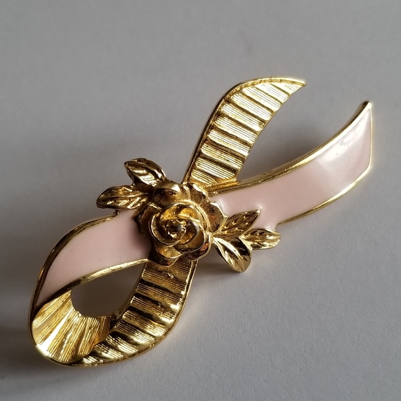 Avon Breast Cancer ribbon brooch pink gold rose - Picture 3 of 8